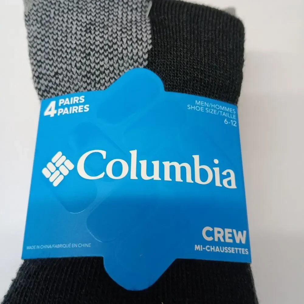 Men's‎ Columbia 4 Pairs Crew Grey Black Socks Size 6-12 Soft Wool Blend